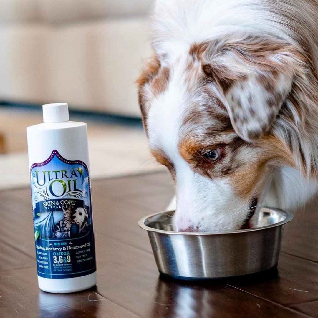 Ultra Oil Skin and Coat Supplement for Dogs & Cats - Hemp Seed Oil, Flaxseed Oil, Grape Seed Oil, Fish Oil for Relief from Dry I